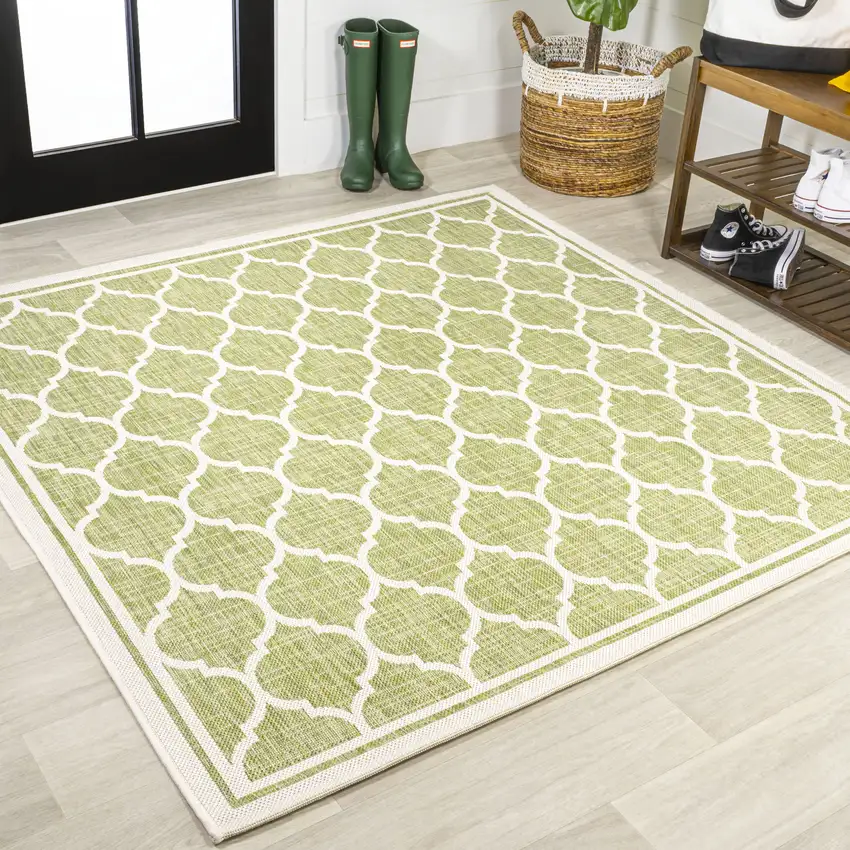 5' Green And Cream Square Geometric Indoor Outdoor Area Rug Photo 4