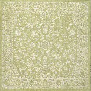 Photo of 5' Green And Cream Square Medallion Indoor Outdoor Area Rug