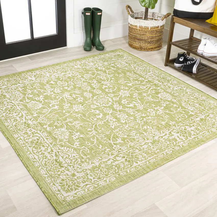 5' Green And Cream Square Medallion Indoor Outdoor Area Rug Photo 4
