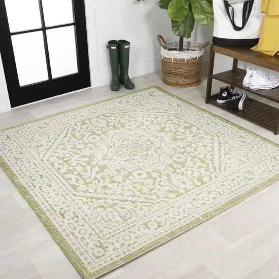 5' Green And Cream Square Medallion Indoor Outdoor Area Rug Photo 4