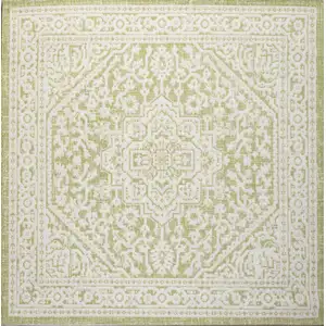 Photo of 5' Green And Cream Square Medallion Indoor Outdoor Area Rug