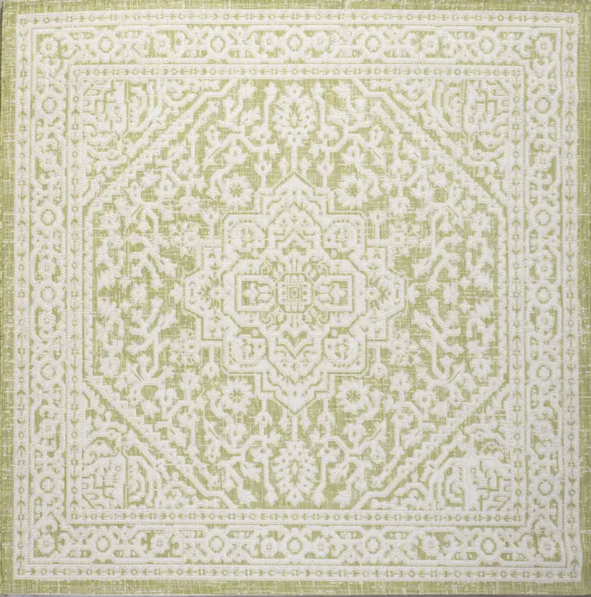 5' Green And Cream Square Medallion Indoor Outdoor Area Rug Photo 1