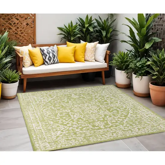 5' Green And Cream Square Medallion Indoor Outdoor Area Rug Photo 1