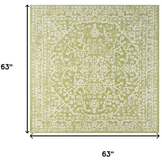 5' Green And Cream Square Medallion Indoor Outdoor Area Rug Photo 9
