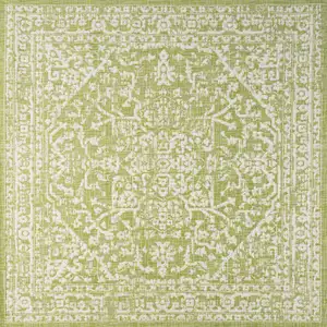 Photo of 5' Green And Cream Square Medallion Indoor Outdoor Area Rug