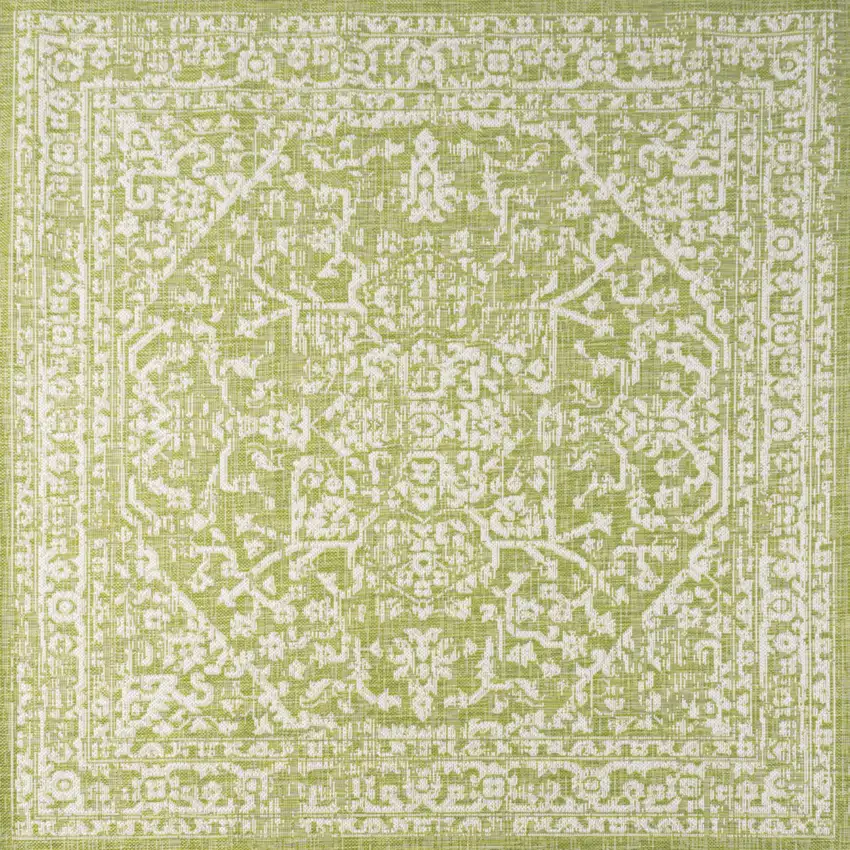 5' Green And Cream Square Medallion Indoor Outdoor Area Rug Photo 1