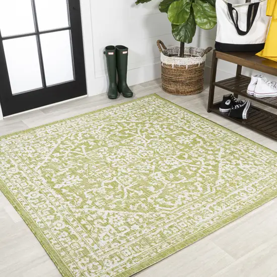 5' Green And Cream Square Medallion Indoor Outdoor Area Rug Photo 4