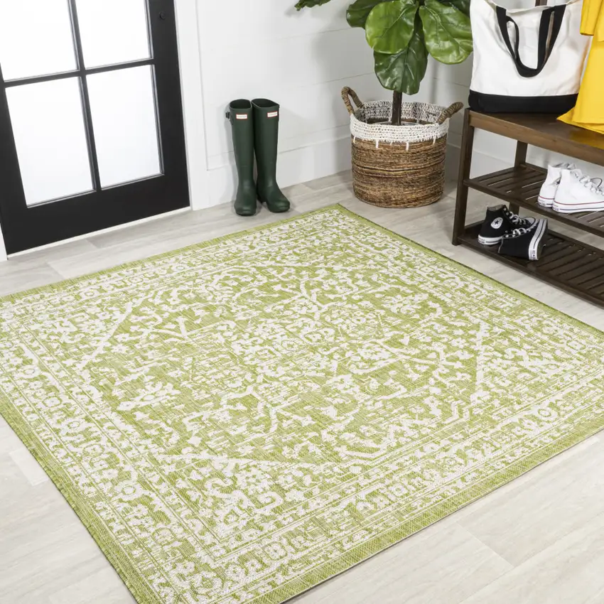 5' Green And Cream Square Medallion Indoor Outdoor Area Rug Photo 4