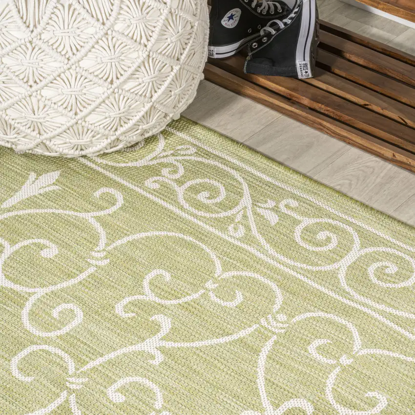 5' Green And Cream Square Medallion Indoor Outdoor Area Rug Photo 6