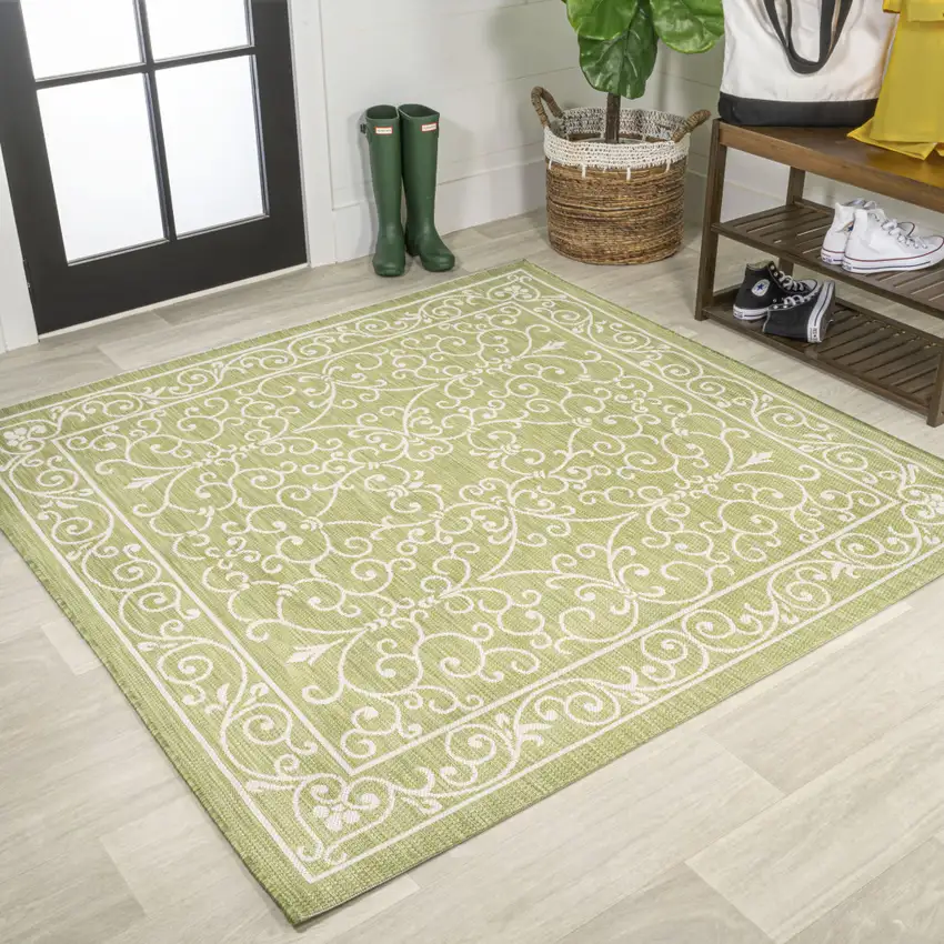 5' Green And Cream Square Medallion Indoor Outdoor Area Rug Photo 4