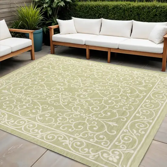 5' Green And Cream Square Medallion Indoor Outdoor Area Rug Photo 1