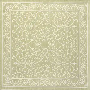 Photo of 5' Green And Cream Square Medallion Indoor Outdoor Area Rug