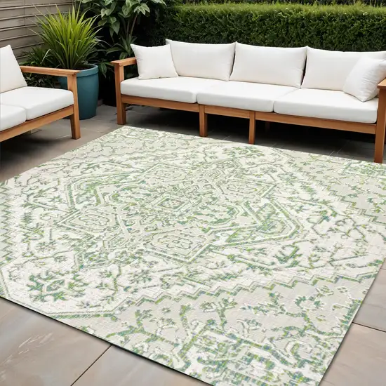 5' Green And Cream Square Medallion Indoor Outdoor Area Rug Photo 1