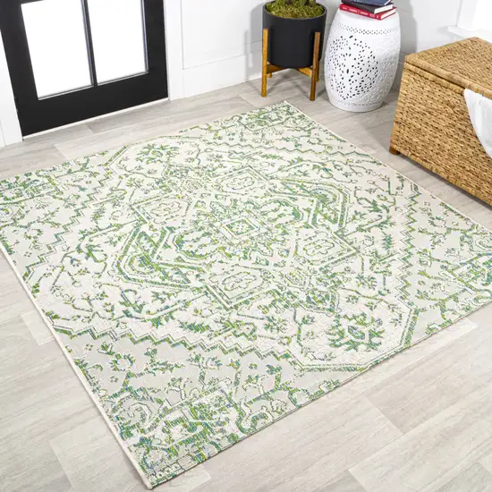 5' Green And Cream Square Medallion Indoor Outdoor Area Rug Photo 4