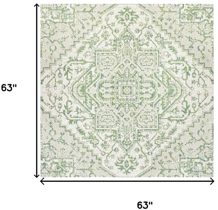 5' Green And Cream Square Medallion Indoor Outdoor Area Rug Photo 9
