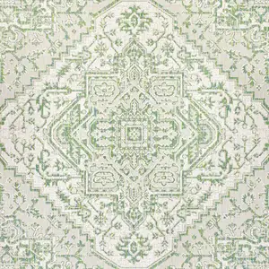 Photo of 5' Green And Cream Square Medallion Indoor Outdoor Area Rug