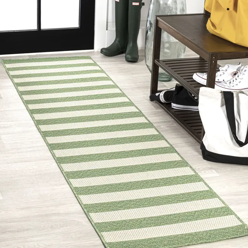 8' Green And Cream Striped Indoor Outdoor Runner Rug Photo 4