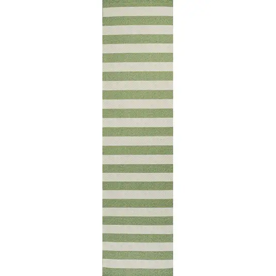 8' Green And Cream Striped Indoor Outdoor Runner Rug Photo 3