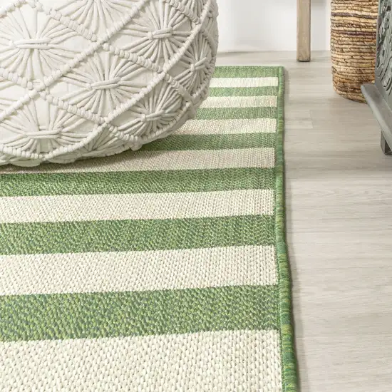 8' Green And Cream Striped Indoor Outdoor Runner Rug Photo 7