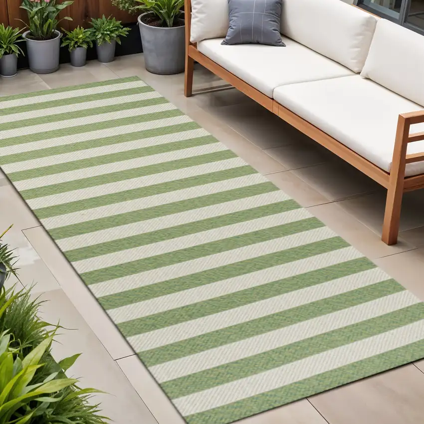 8' Green And Cream Striped Indoor Outdoor Runner Rug Photo 1