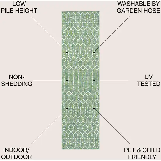 10' Green And Cream Trellis Indoor Outdoor Runner Rug Photo 8