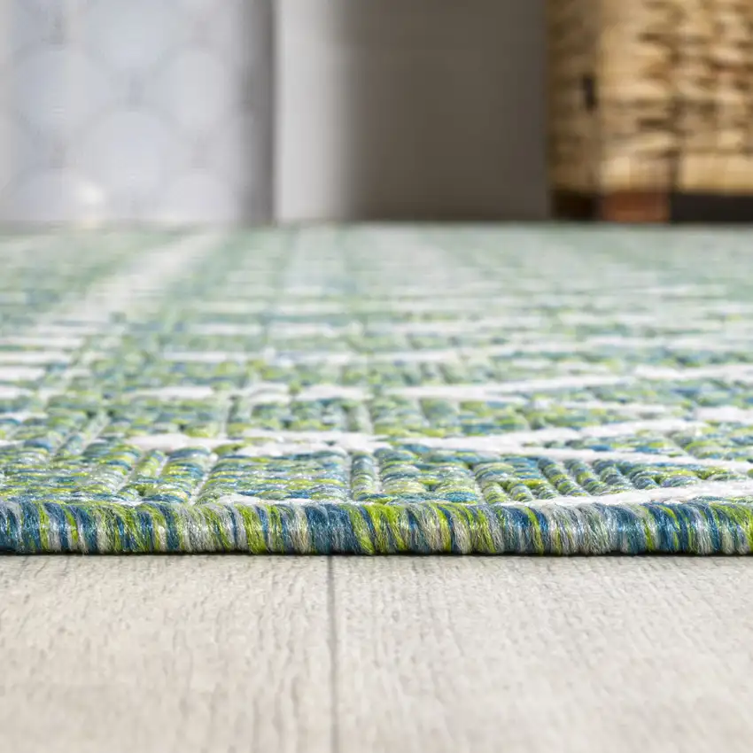10' Green And Cream Trellis Indoor Outdoor Runner Rug Photo 9