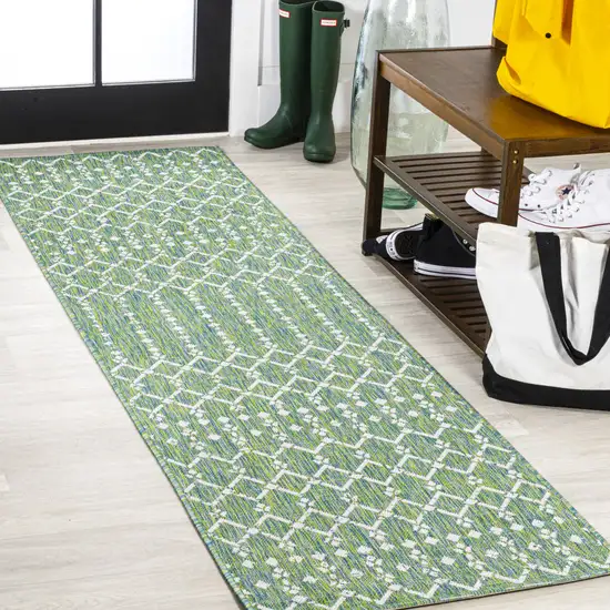 8' Green And Cream Trellis Indoor Outdoor Runner Rug Photo 4