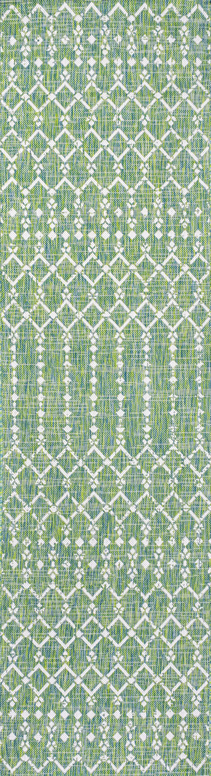 8' Green And Cream Trellis Indoor Outdoor Runner Rug Photo 1