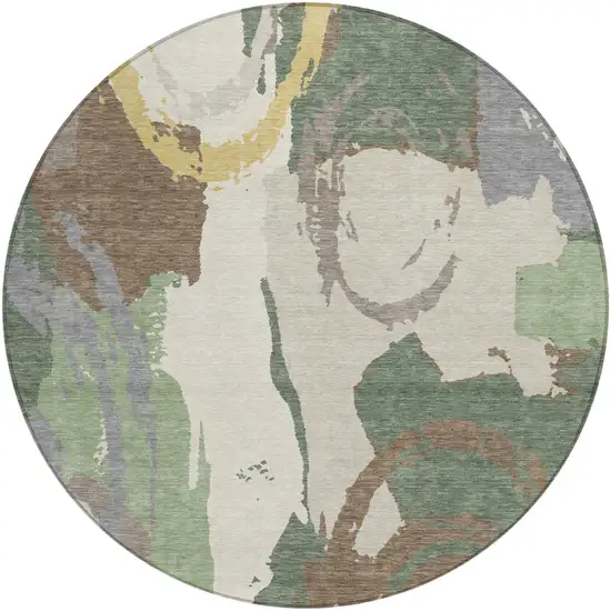 8' Green And Denim Blue Round Abstract Washable Indoor Outdoor Area Rug Photo 6