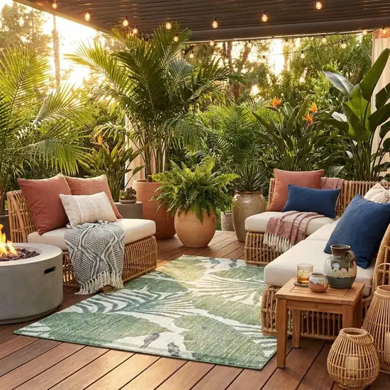8' Green And Denim Blue Round Abstract Washable Indoor Outdoor Area Rug Photo 1