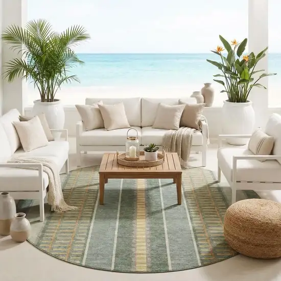 8' Green And Denim Blue Round Striped Washable Indoor Outdoor Area Rug Photo 1