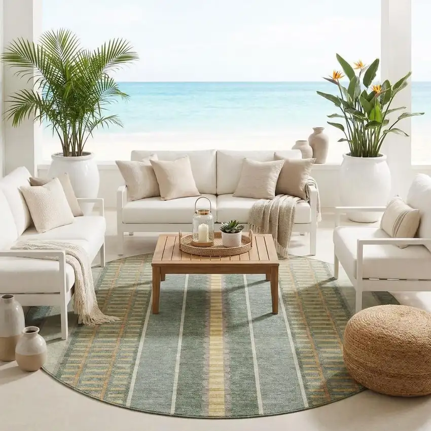 8' Green And Denim Blue Round Striped Washable Indoor Outdoor Area Rug Photo 1