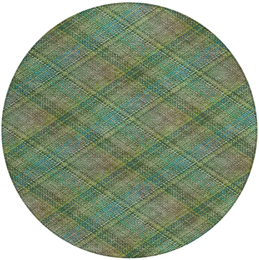8' Green And Emerald Round Plaid Washable Indoor Outdoor Area Rug Photo 2