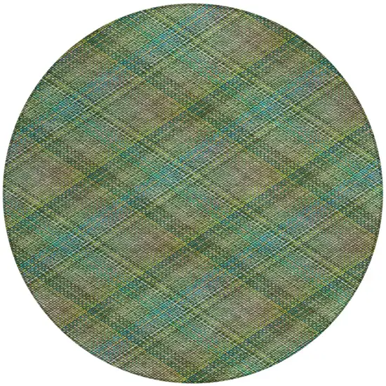 8' Green And Emerald Round Plaid Washable Indoor Outdoor Area Rug Photo 2