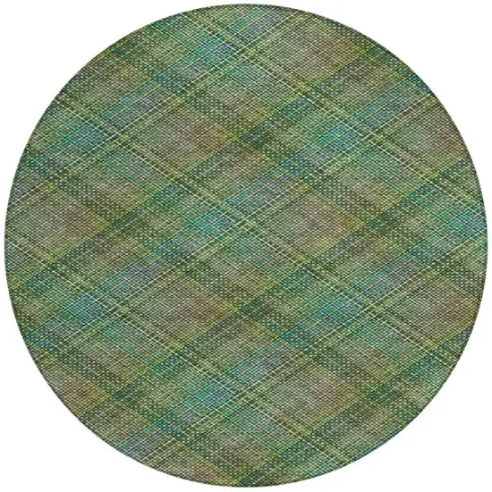 8' Green And Emerald Round Plaid Washable Indoor Outdoor Area Rug Photo 3