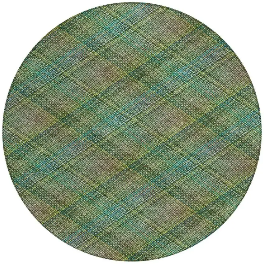 8' Green And Emerald Round Plaid Washable Indoor Outdoor Area Rug Photo 3