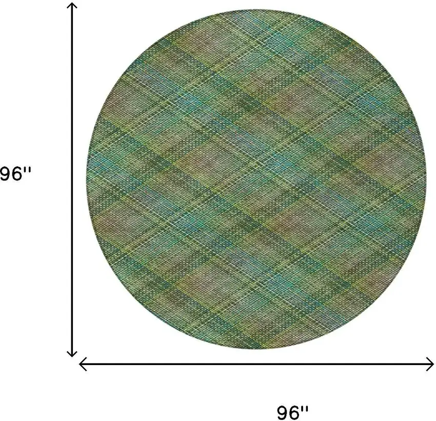 8' Green And Emerald Round Plaid Washable Indoor Outdoor Area Rug Photo 6