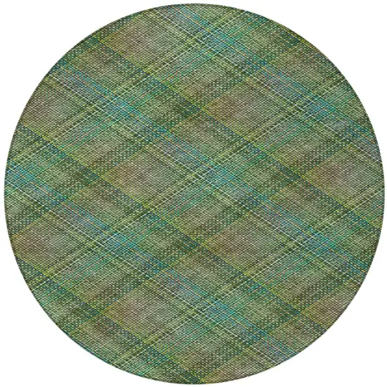 8' Green And Emerald Round Plaid Washable Indoor Outdoor Area Rug Photo 1