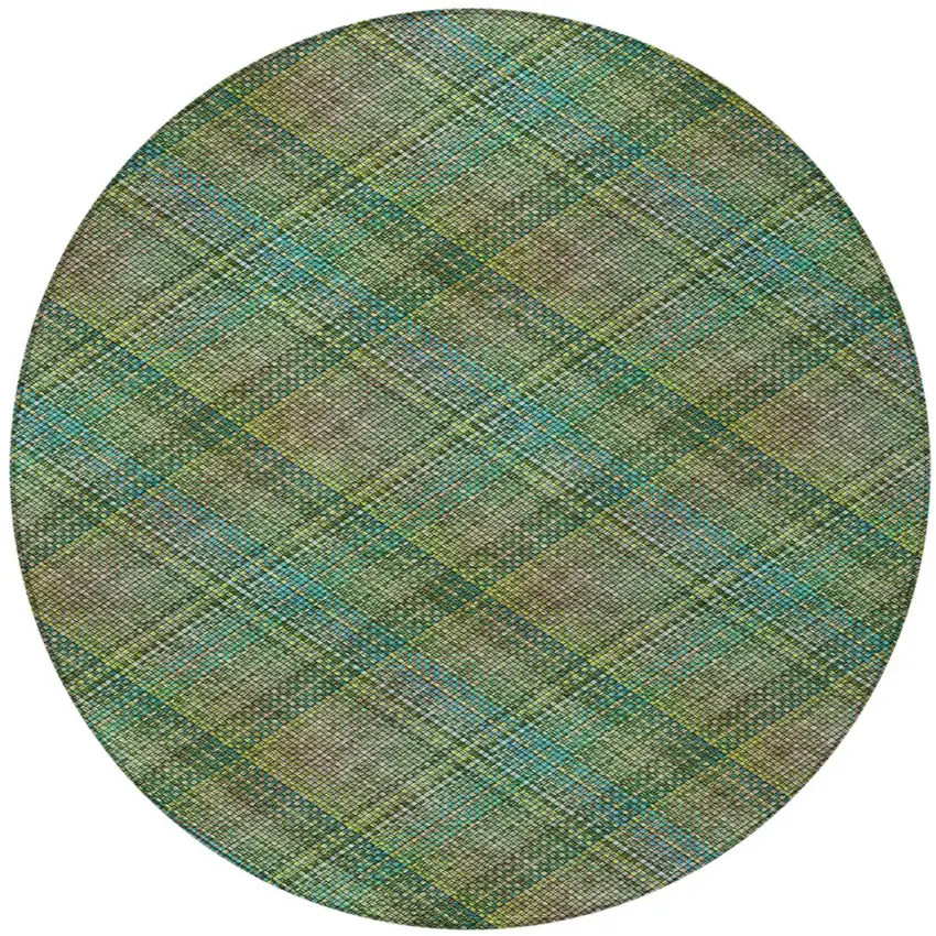 8' Green And Emerald Round Plaid Washable Indoor Outdoor Area Rug Photo 1