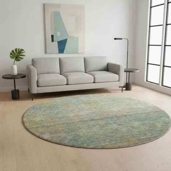 8' Green And Gold Abstract Washable Round Rug With UV Protection Photo 2