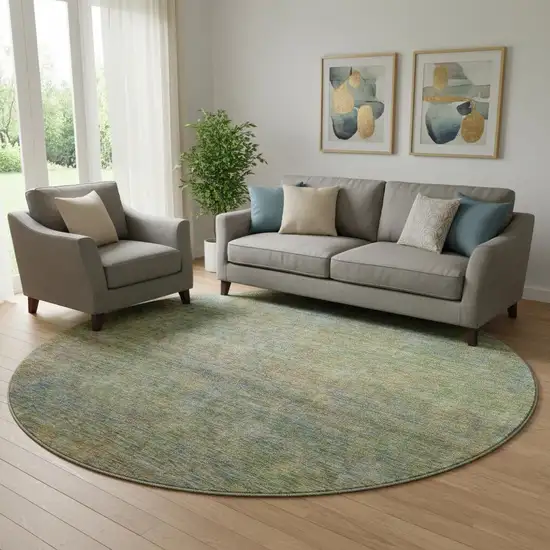 8' Green And Gold Abstract Washable Round Rug With UV Protection Photo 1