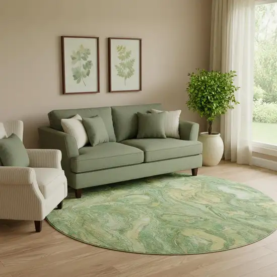 8' Green And Gold Abstract Washable Round Rug With UV Protection Photo 2