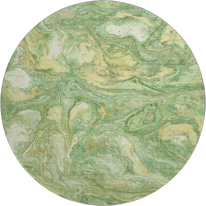 8' Green And Gold Abstract Washable Round Rug With UV Protection Photo 1