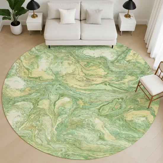 8' Green And Gold Abstract Washable Round Rug With UV Protection Photo 5