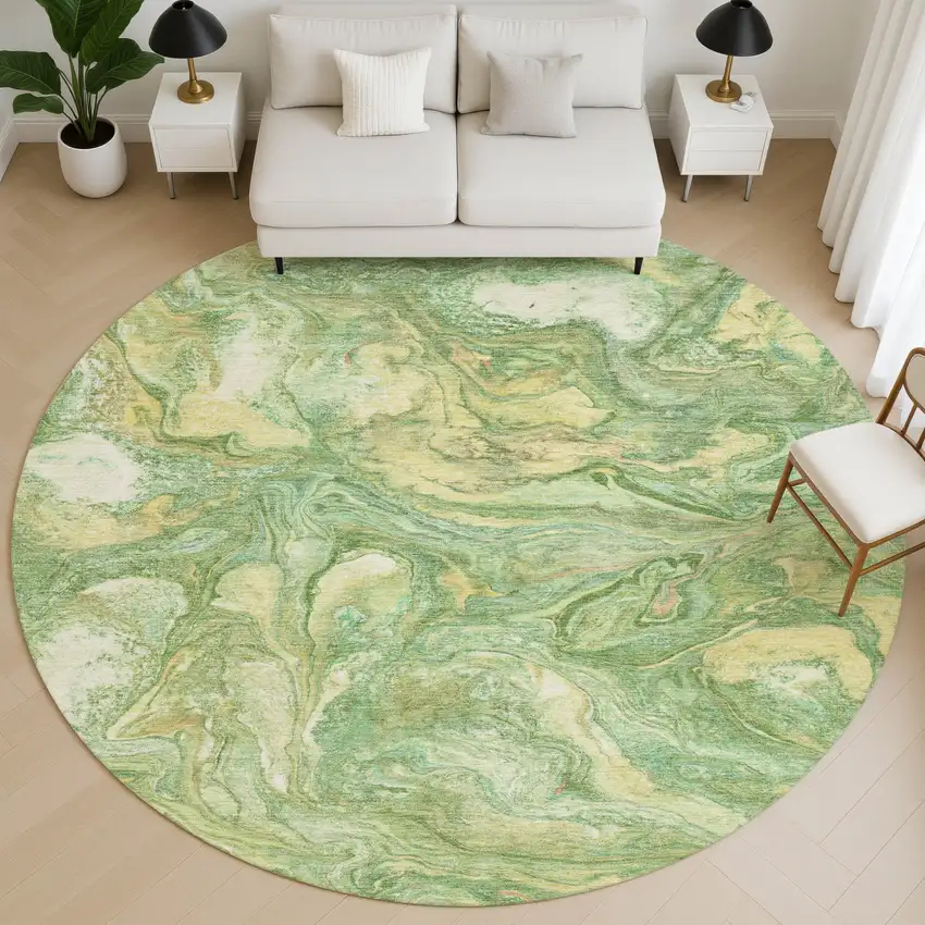 8' Green And Gold Abstract Washable Round Rug With UV Protection Photo 5