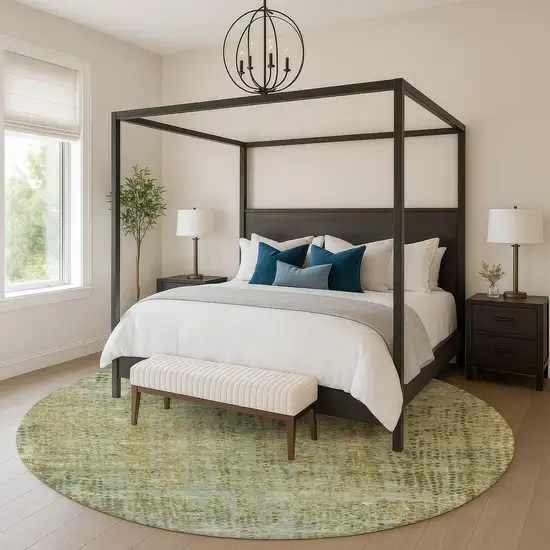 8' Green And Gold Abstract Washable Round Rug With UV Protection Photo 5