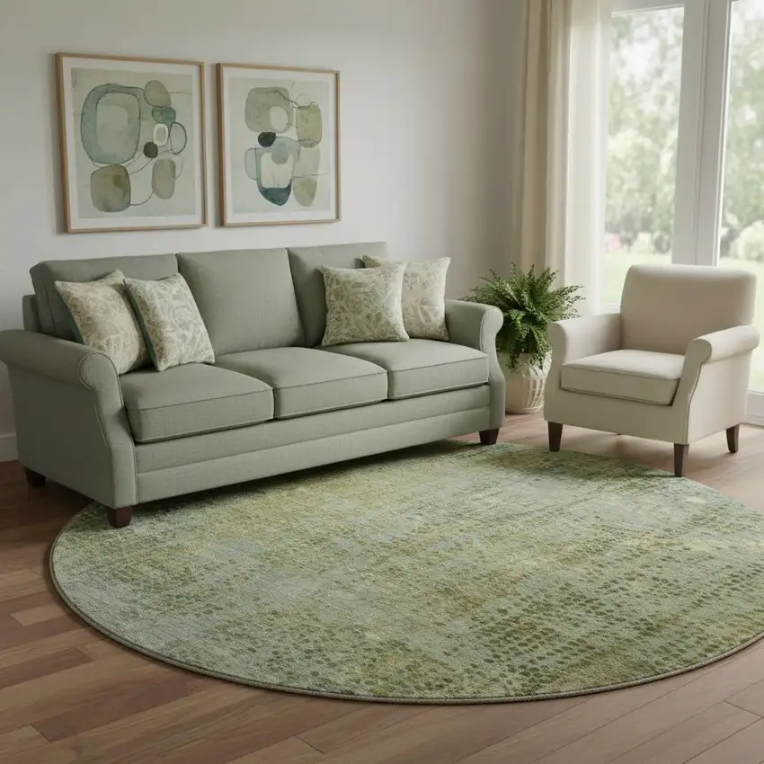 8' Green And Gold Abstract Washable Round Rug With UV Protection Photo 2