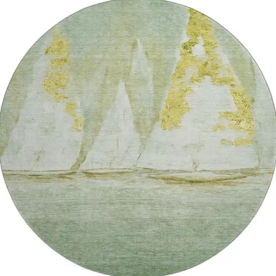 8' Green And Gold Nautical Washable Round Rug With UV Protection Photo 4