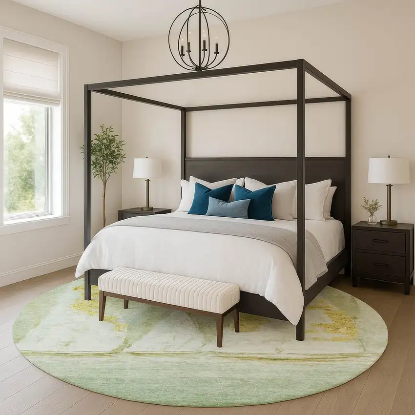 8' Green And Gold Nautical Washable Round Rug With UV Protection Photo 5