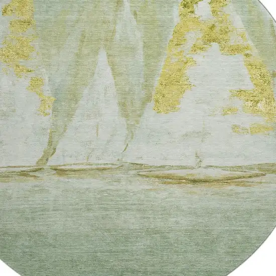 8' Green And Gold Nautical Washable Round Rug With UV Protection Photo 3
